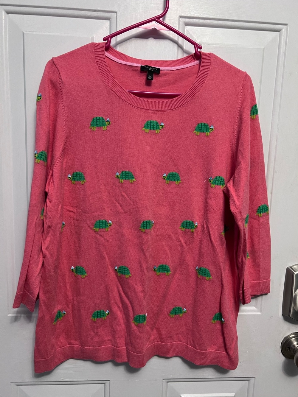 Talbots 1X Pink Coral Turtle Sweater Embroidered Beaded 3/4 Sleeve Novelty